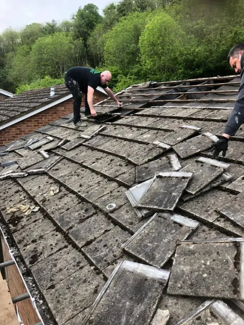 Gutter being cleared of moss and debris from a roof